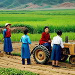 A group of fully clothed North Korean women working in a field, wearing modest, traditional clothing, with farm equipment visible. Background features rural landscape, safe for work, appropriate content, professional, perfect anatomy, natural proportions, high quality.