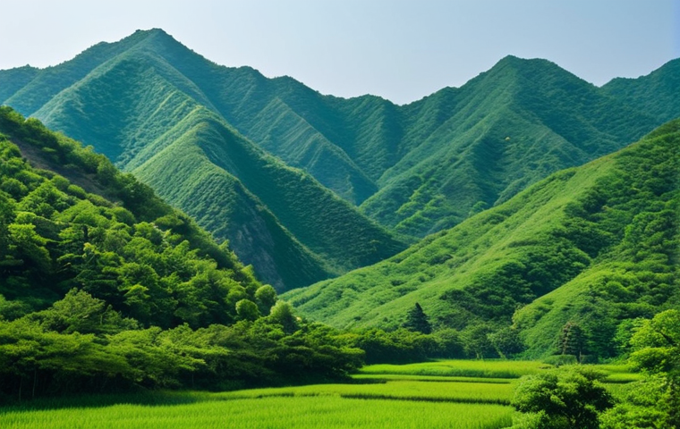 ** A serene landscape of North Korean mountains covered in lush green forest, showcasing diverse trees. Focus on natural beauty. "Safe for work," "appropriate content," "fully clothed" (implied, landscape only), perfect composition, professional photography, high quality.

**