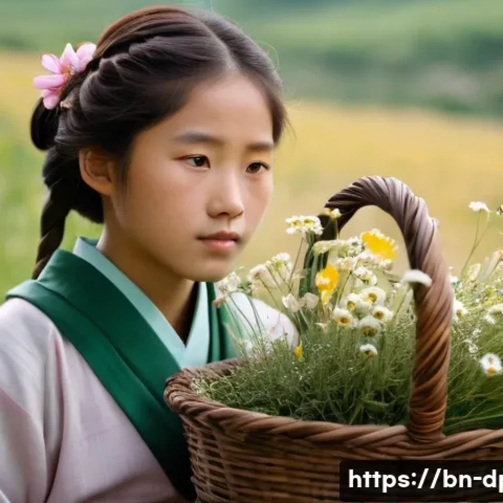 북한 예술   혁명 오페라와 노래 - **Prompt Title: The Resilient Flower Seller**
    **Description:** A poignant, artistic portrait of ...