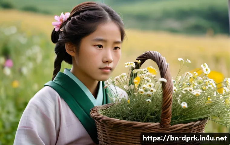 북한 예술   혁명 오페라와 노래 - **Prompt Title: The Resilient Flower Seller**
    **Description:** A poignant, artistic portrait of ...