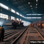 Home 22 북한의 공업 주요 산업과 생산품 - A detailed industrial scene inside a North Korean steel factory, showing workers in modest protectiv...
