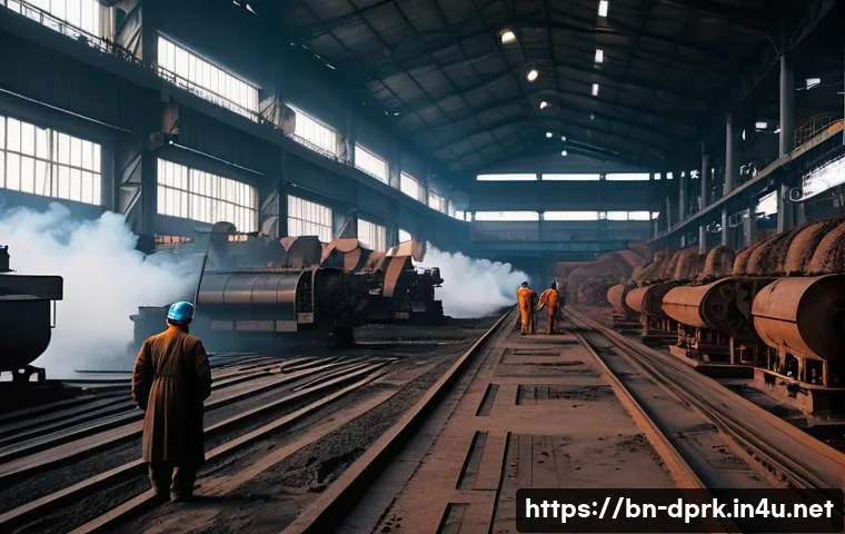 북한의 공업   주요 산업과 생산품 - A detailed industrial scene inside a North Korean steel factory, showing workers in modest protectiv...