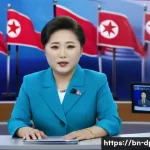 Home 21 북한 미디어 조선중앙TV와 신문 - A detailed interior scene of a North Korean state television studio (조선중앙TV) during a live broadcast...
