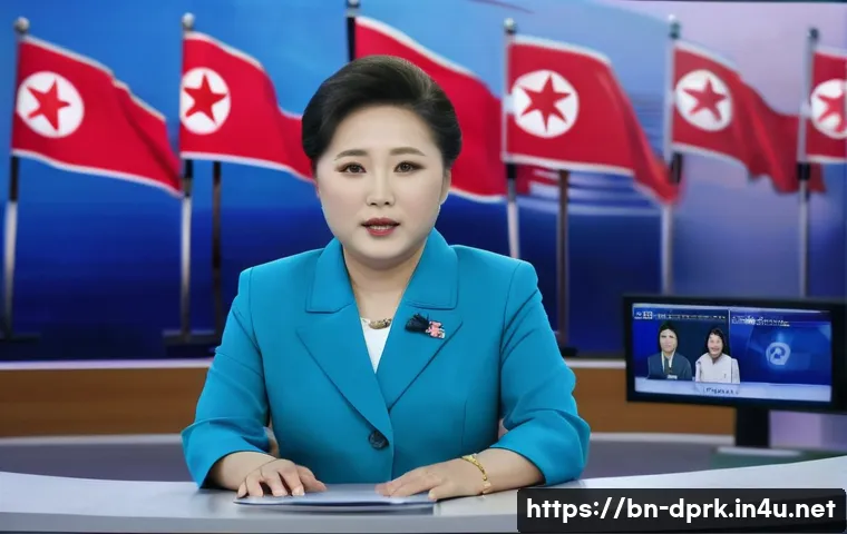 북한 미디어   조선중앙TV와 신문 - A detailed interior scene of a North Korean state television studio (조선중앙TV) during a live broadcast...