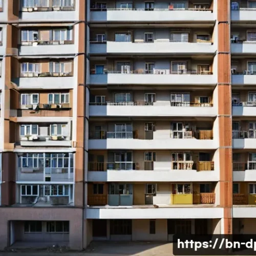 Home 32 북한의 주거 형태 공동주택 구조 - A detailed, high-rise North Korean residential building complex showcasing multiple floors with smal...