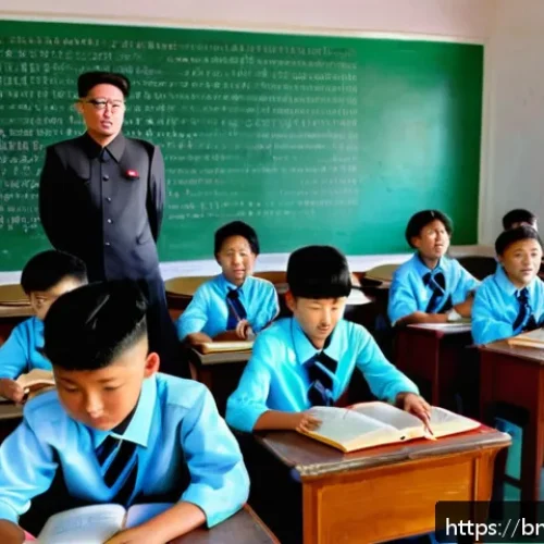 Home 31 북한의 교육제도 학교 체계와 교육 방식 - A detailed classroom scene in North Korea showing primary school students in modest uniforms attenti...