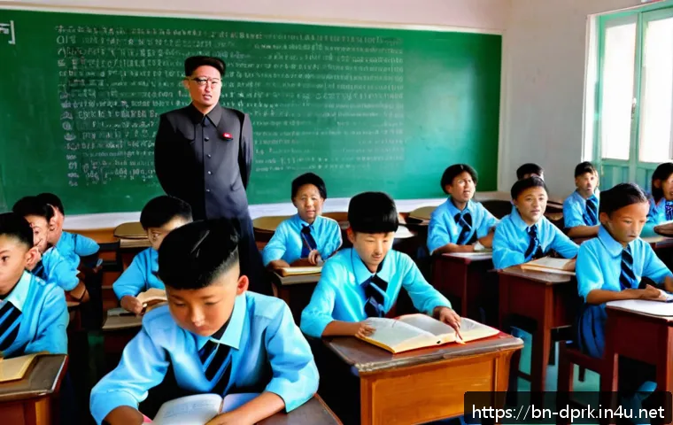 북한의 교육제도   학교 체계와 교육 방식 - A detailed classroom scene in North Korea showing primary school students in modest uniforms attenti...
