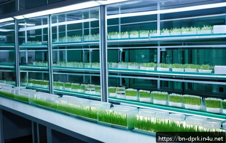 북한의 식물 연구   주요 연구 과제 - A detailed scientific laboratory scene in North Korea focused on plant genetic modification: researc...