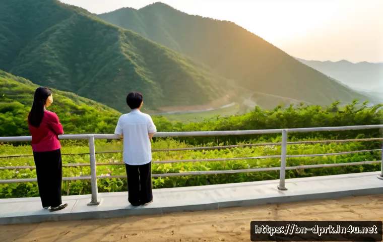 북한과 한국의 관계   통일 문제와 전망 - Photorealistic wide view of the Korean Demilitarized Zone at sunrise, a peaceful border landscape wi...