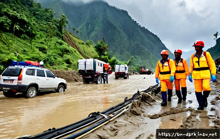 북한의 재난 구조   대응 체계 - Photorealistic disaster-response scene in a mountainous East Asian rural region, uniformed emergency...