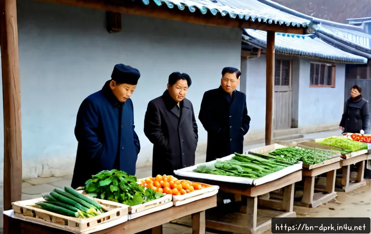 북한 내 주요 이슈   경제 제재의 영향 - Photorealistic documentary-style scene of a sparse neighborhood market in North Korea, adult shopper...